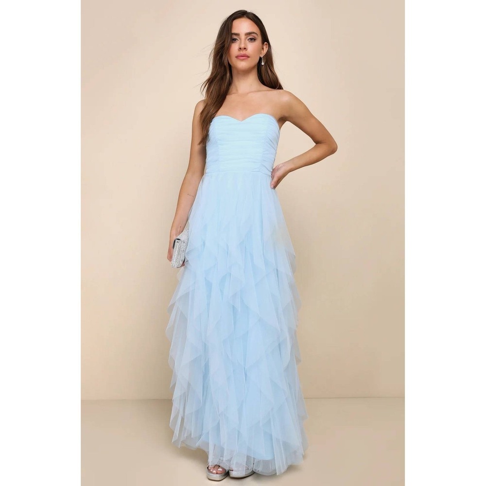 Lulus Delightful Beauty Blue Mesh Strapless Ruched Ruffled Maxi Dress Size Small